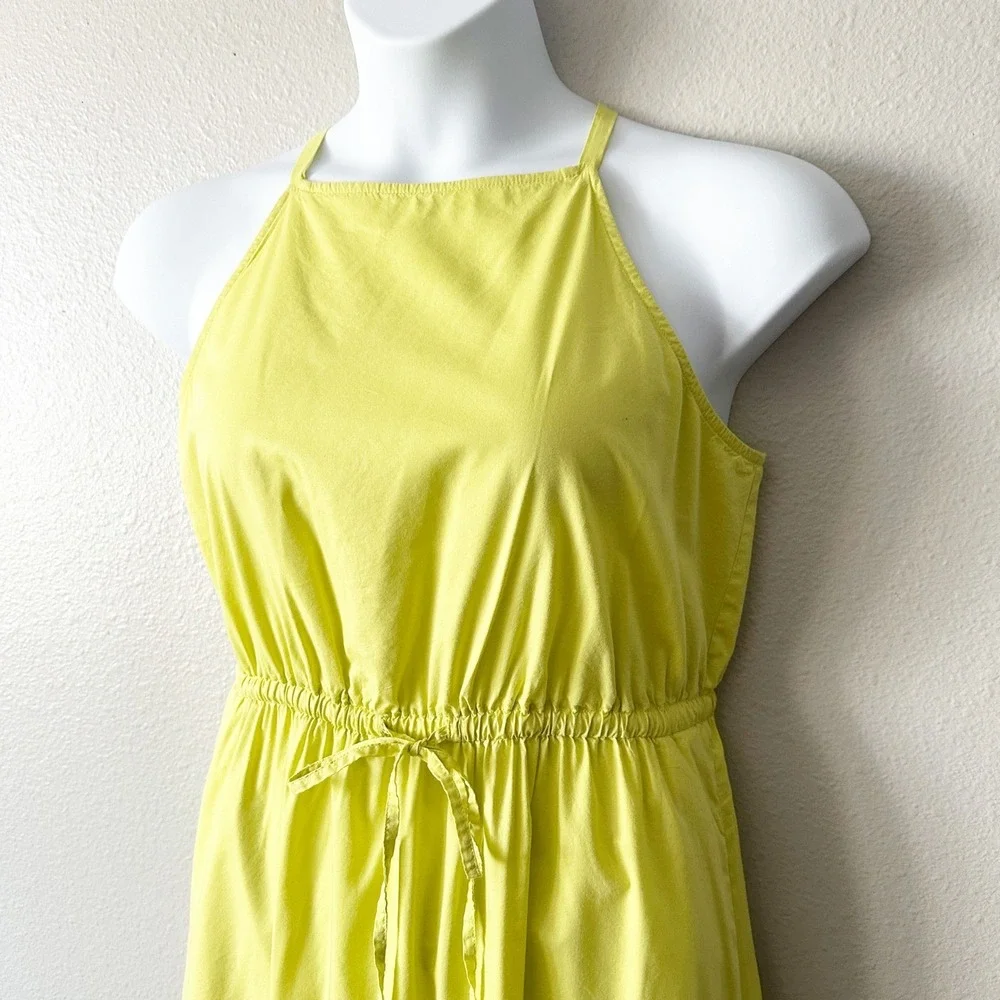 LOFT Cotton Glowing Lime Yellow Halter Midi Dress Drawstring Waist Size Medium